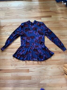 Long-Sleeve Floral Peplum Tunic in Deep Purple and Burgundy